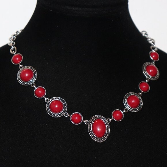 ❤️ Silver & Red Statement Necklace 18.5–21" Chain | Bold & Glamorous | - Picture 1 of 5